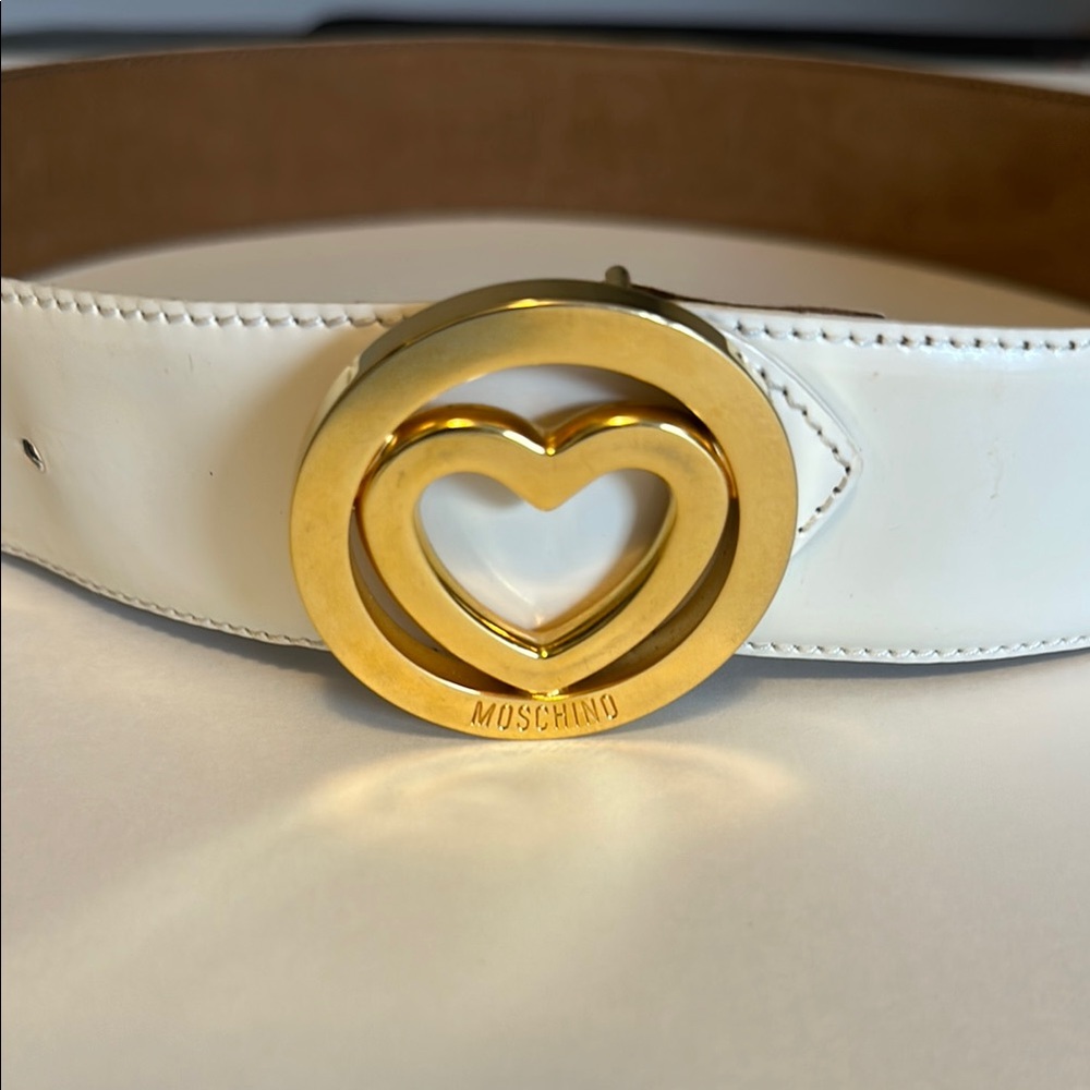 Moschino Gold Heart Creamy White Leather Belt - Made in Italy